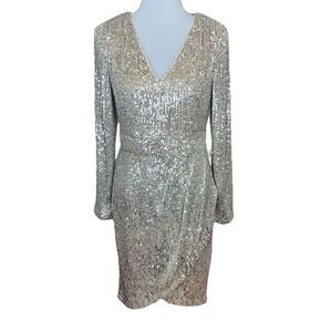 Calvin Klein Long Sleeve Faux Wrap Sequin Knee Length Dress Champagne Beige Gold